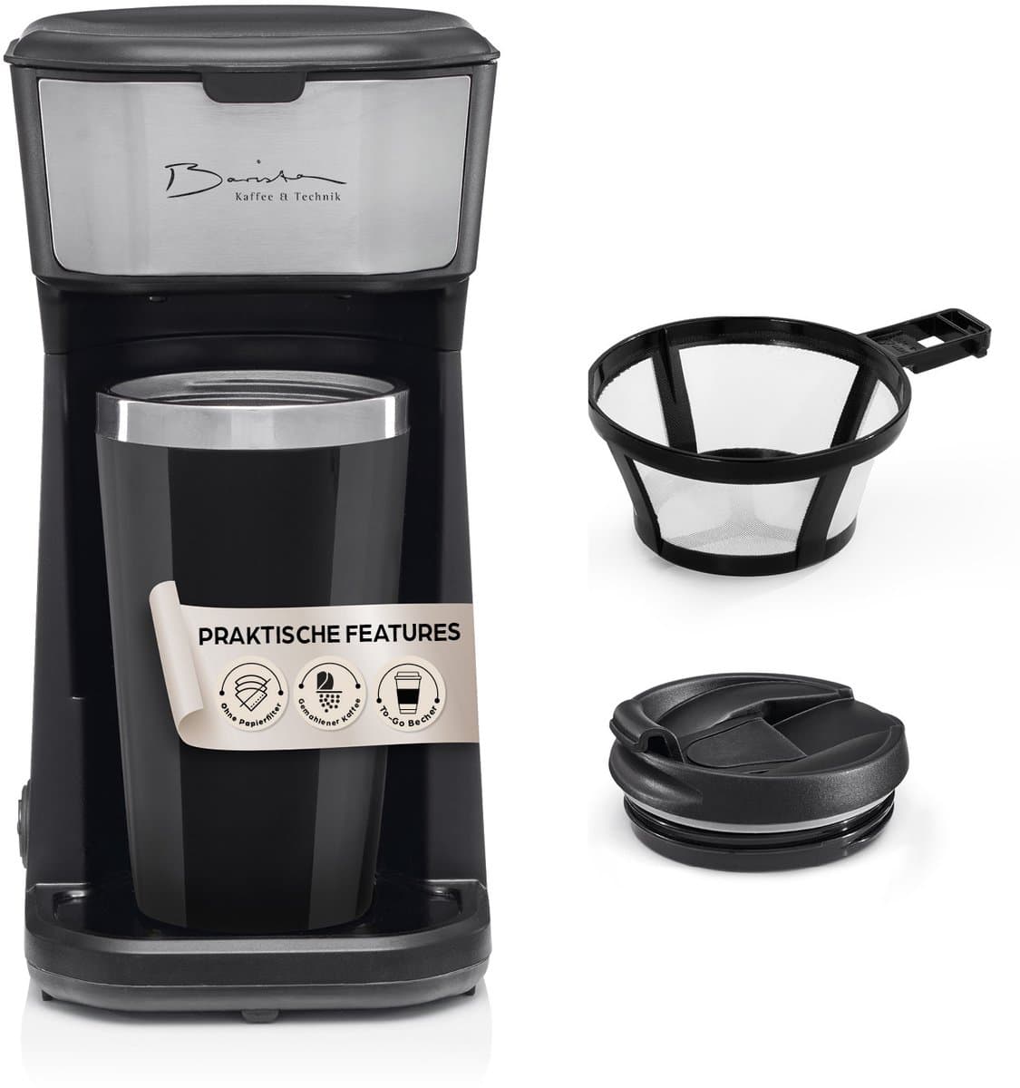 Barista Single koffiezetapparaat to go 450 watt | compact filterkoffiezetapparaat met thermobeker | kleine, draagbare coffee to go machine | incl. isolatiebeker & nylon permanent filter - zwart — afbeelding 1