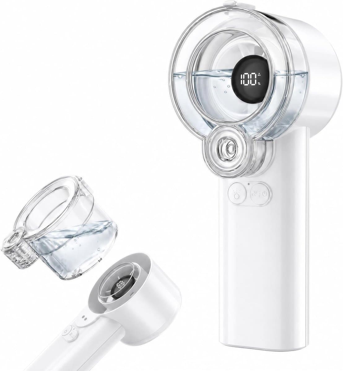 LISM-2-in-1 handventilator met sproeifunctie, draagbare waternevelventilator (oplaadbaar, met 5 snelheden en led-display), persoonlijke mini-koelventilator met afneembaar waterreservoir, zomercadeau Geschikt voor mannen en vrouwen - wit — afbeelding 1