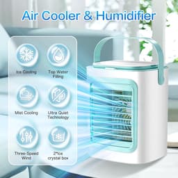 Mobiele Airco - 4-in-1 Luchtkoeler - Mini Airconditioner met 220ml Watertank - Bureauventilator met Verneveling & IJsvak - Stil - Voor Kantoor & Slaapkamer - Blauw — thumbnail 3
