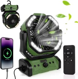 20000 mAh USB-campingventilator met LED-verlichting, draagbare oplaadbare bureau-/tentventilator met afstandsbediening en haak, 270° draaibare kop voor vissen en als windscherm. — thumbnail 1