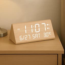 SnelShoppen - Digitale Houten Alarm Klok met 2 Alarmen, Datum, Weekdag, Temperatuur, Verstelbare Helderheid en Volume, USB Oplaadpoorten voor Thuis en — thumbnail 1