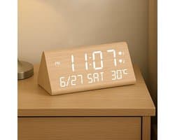 SnelShoppen - Digitale Houten Alarm Klok met 2 Alarmen, Datum, Weekdag, Temperatuur, Verstelbare Helderheid en Volume, USB Oplaadpoorten voor Thuis en