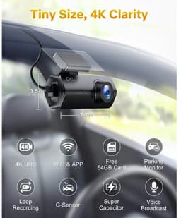 GKU Dashcam Auto Voor 4K UHD - 5.8GHz WiFi - 170° Groothoek met WDR Nachtzicht & 24H Parkeermodus - Inclusief 64GB SD-kaart — thumbnail 4