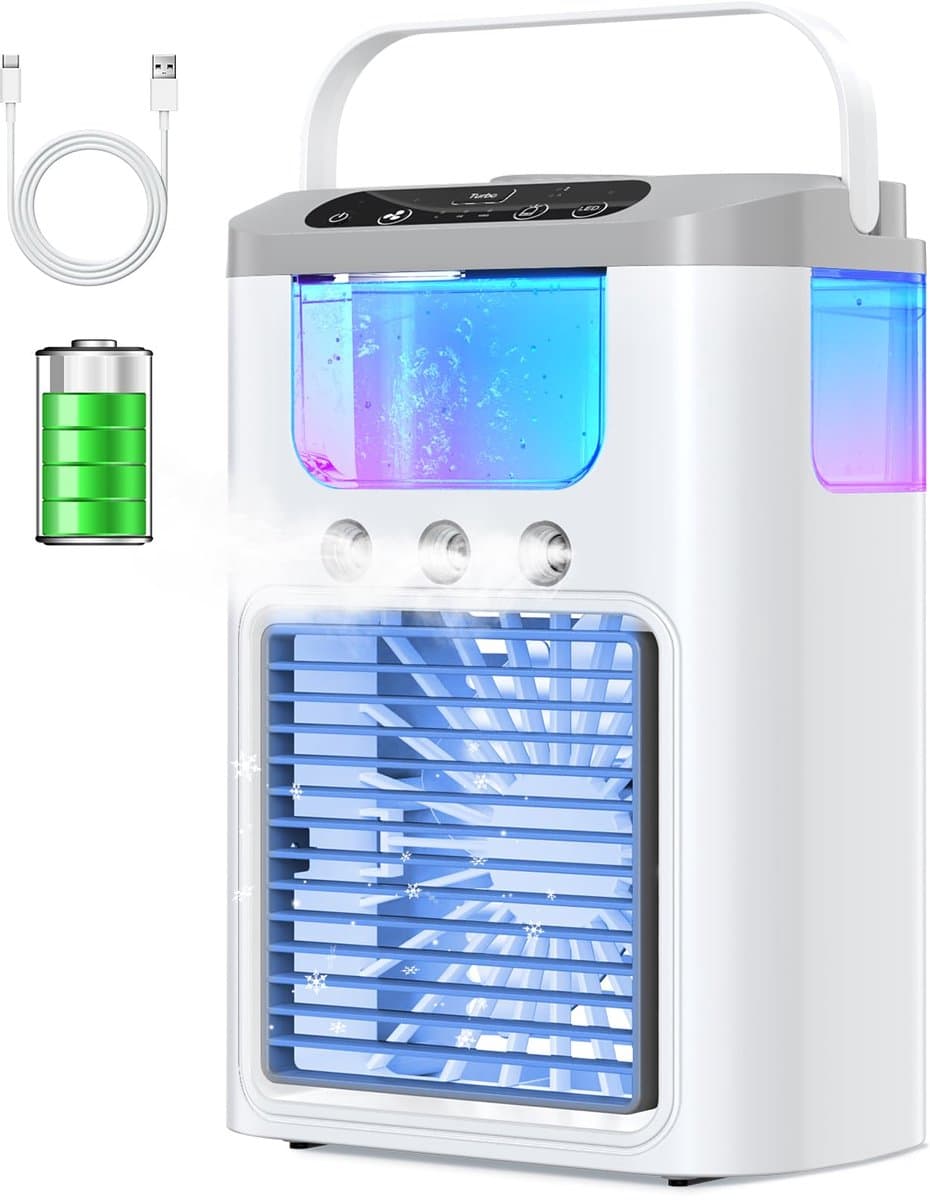Mini-airco / draagbare koelventilator (1200 mAh accu), 600 ml watertank, compact ontwerp met nachtlampje (7 kleuren), 3 vernevelingsstanden, oplaadbaar — afbeelding 1