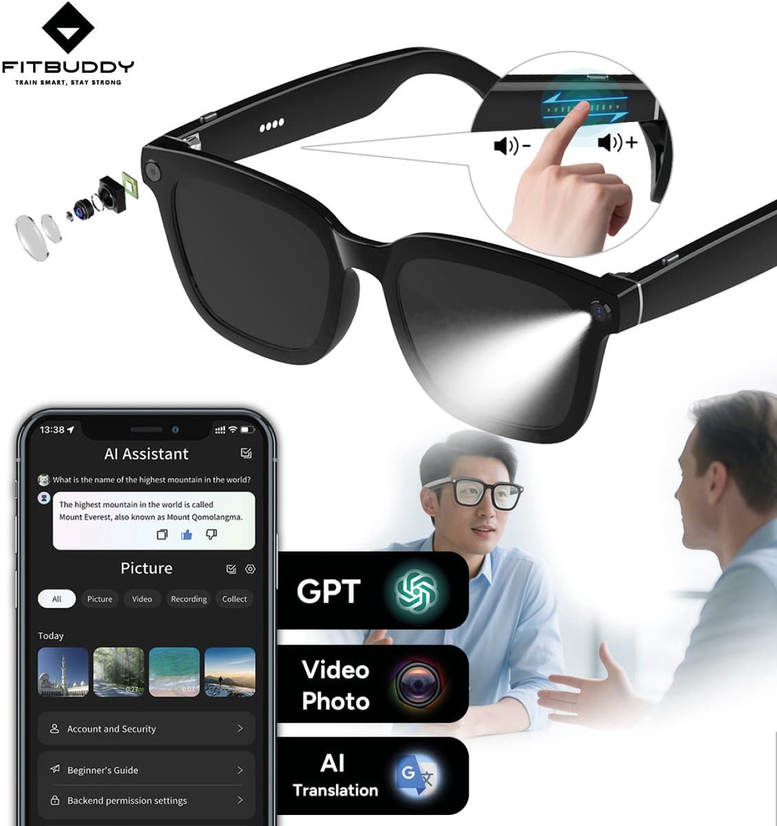 Fitbuddy AI Smart Glasses – Slimme Bluetooth Zonnebril met AI Beeldherkenning, Vertaalfunctie, Speakers & Microfoon – Touchbediening – iOS/Android – Zwart — afbeelding 1