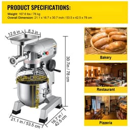 Keukenmachine Keukenmixer - Planetaire deegmixer 19 L - 3 Snelheden - RVS Kom - Veiligheidskap - 4-delige Accessoireset - Voor Horeca — thumbnail 4