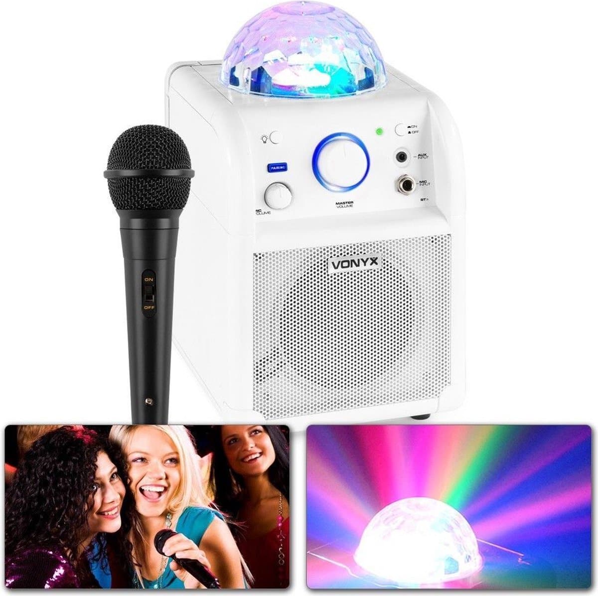 Karaoke set met microfoon - Vonyx SBS50W - met Bluetooth, accu & discobal discolicht - Wit — afbeelding 1