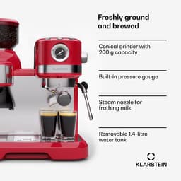 Klarstein Koffiemachine Bella Café espressomachine met ingebouwde molen – 19 bar, 1550 W, 1,4 liter waterreservoir, geïntegreerde conische maalschijf, melkschuimer, 2 kopjeshouders, kunststof, rood - voor Keuken - LED - Coffee Machine — thumbnail 3