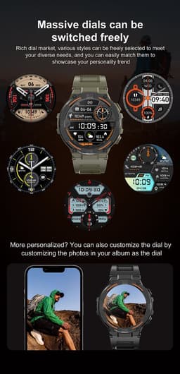 Knobbout 1.52" Scherm (3.8cm) Schokbestendig Sport Smartwatch - Zijwaartse LED-verlichting-Bloeddrukmeting, hartslag monitoring en bloedzuurstof (SpO₂)-controle- Bluetooth belfunctie - Sedentaire herinnering-Zwart stall+ siliconenband — thumbnail 4