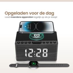 Neveda Digitale Wekkerradio Met Draadloze Oplader Telefoon - Wekkers digitaal op netstroom - Klokradio Slaapkamer - Voor kinderen & Volwassenen - Grijs Hout — thumbnail 2