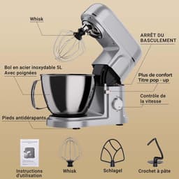 Keukenmachine - Mixer - Bakken en Koken - 10 Snelheden - 5 Liter - Zilver — thumbnail 2