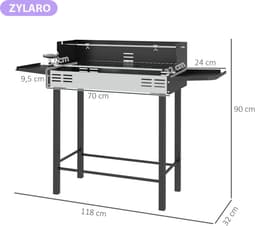 Premie 2-in-1 Houtskool Barbecue - Smoker Barbecue - Houtskoolgrill - met Verstelbaar Grillrooster, 1 Draaispit, Wielen - BBQ voor Kamperen, Buiten, Tuin - 118 x 32 x 90 cm - Zwart + Zilver — thumbnail 2