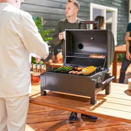 Premie Houtskool Barbecue - Smoker Barbecue - Houtskoolgrill - Grillwagen met Deksel, Warmhoudrek, Aslade, Thermometer - BBQ voor Kamperen, Buiten, Tuin - RVS - 67 x 53 x 55 cm - Zwart — thumbnail 5