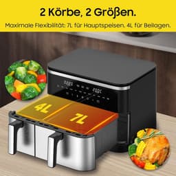 Heteluchtfriteuse Dubbele Kamer - XXL Airfryer - Gelijk Garen - Twee Manden Tegelijk - 11 Liter Totaal - Zwart — thumbnail 2