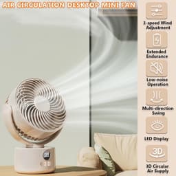 Bureau ventilator – Mini ventilator – USB ventilator – 3600 mAh – 3 snelheidsstanden – Automatisch zwenkend – Draagbare ventilator voor thuis, kantoor camping – 15 x 8,5 x 20 cm – Crèmewit — thumbnail 3