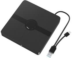 Externe dvd-brander en -lezer met USB 3.0- en USB-C-interface; dvd-speler geschikt voor laptops en desktops.