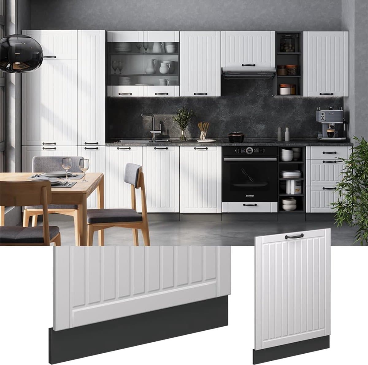 Vaatwasser Frontpaneel - Keuken Paneel - Keuken Afwerking - Zonder Werkblad - 60 cm Breed - Wit Landhuis — afbeelding 1