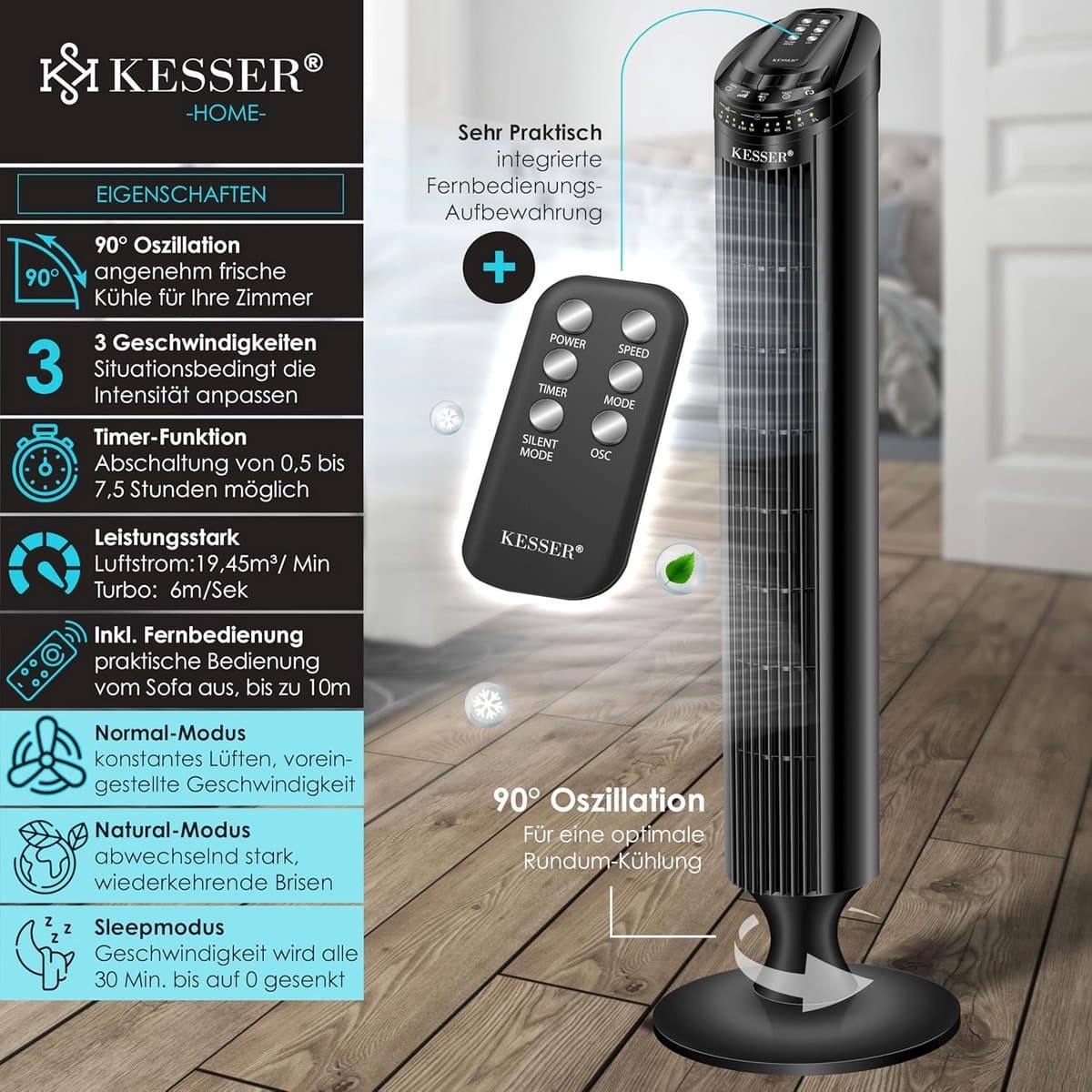Torenventilator met afstandsbediening | 90° oscillatie | 3 snelheden | 90 cm | Timerfunctie | Geluidsarm | Elegante voetventilator — afbeelding 1
