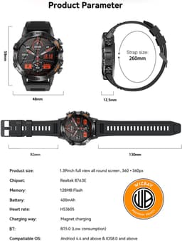 WizBay Premium Select® Sport Smartwatch - 1,39 Inch IPS Scherm - Bluetooth Bellen - Hartslag Bloeddruk Zuurstof - 100+ Sportstanden - 400mAh - Zwart — thumbnail 3