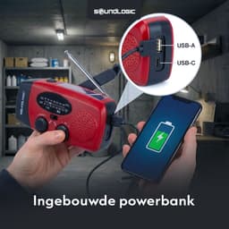 Noodradio Solar Opwindbaar met Powerbank en Zaklamp - Noodpakket voor Thuis - SOS Noodsignaal - Draagbare Radio op Zonneenergie - Zaklamp LED Oplaadbaar - USB-C en USB-A Kabel - Rood - Soundlogic — thumbnail 5