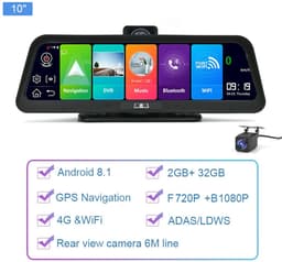 Dashcam voor Auto - 10" 4G ADAS Dashcam - GPS Navigatie & Dual Lens Achteruitrijcamera - 6m Achtercamera - Geen Geheugenkaart - Zwart — thumbnail 3