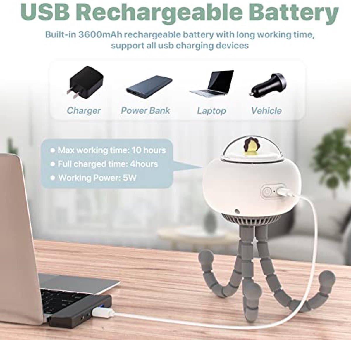 Stille USB-ventilator voor kinderwagens - Oplaadbaar, 4 Snelheden, Flexibel Statief en Handheld Gebruik — afbeelding 1