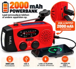 Yarvu ® Noodradio Solar Opwindbaar + LED Hoofdlamp op Batterijen - Noodpakket - 2000mAh - Powerbank - LED Zaklamp - Op Accu - Aanzwengelen - FM AM Radio - Zonne Energie - SOS Sirene - Rood — thumbnail 3