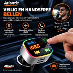 Bluetooth Atlantic FM-transmitter voor auto met handsfree bellen, USB-C PD 18W snelladen, USB-A, EQ/bass en LED-sfeerverlichting. — thumbnail 5