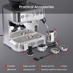 Espressomachine - Pistonmachine - met Ingebouwde Koffiemolen - 15 Bar Italiaanse Pomp - Geborsteld RVS - 1750W Directe Verhitting - Coffee Machine - voor Thuis en Kantoor — thumbnail 5
