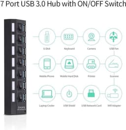 7-poorts USB-hub - USB-splitter en poortuitbreider - Meer aansluitingen creëren - Individuele AAN/UIT-schakelaars - 16.5 cm - Zwart — thumbnail 2