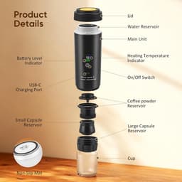 Mini-koffiezetapparaat 3 in 1 met batterij - Auto-espressomachine USB-C - Compatibel met capsules en gemalen koffie - Ideaal voor campercamping en reiscadeaus, zwart — thumbnail 4