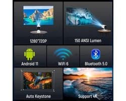 Mini Beamer - 150 ANSI Lumen Wifi6 Bluetooth 5.0 - 1280 x 720 Resolutie - LCD - Draagbaar - Thuisbioscoop