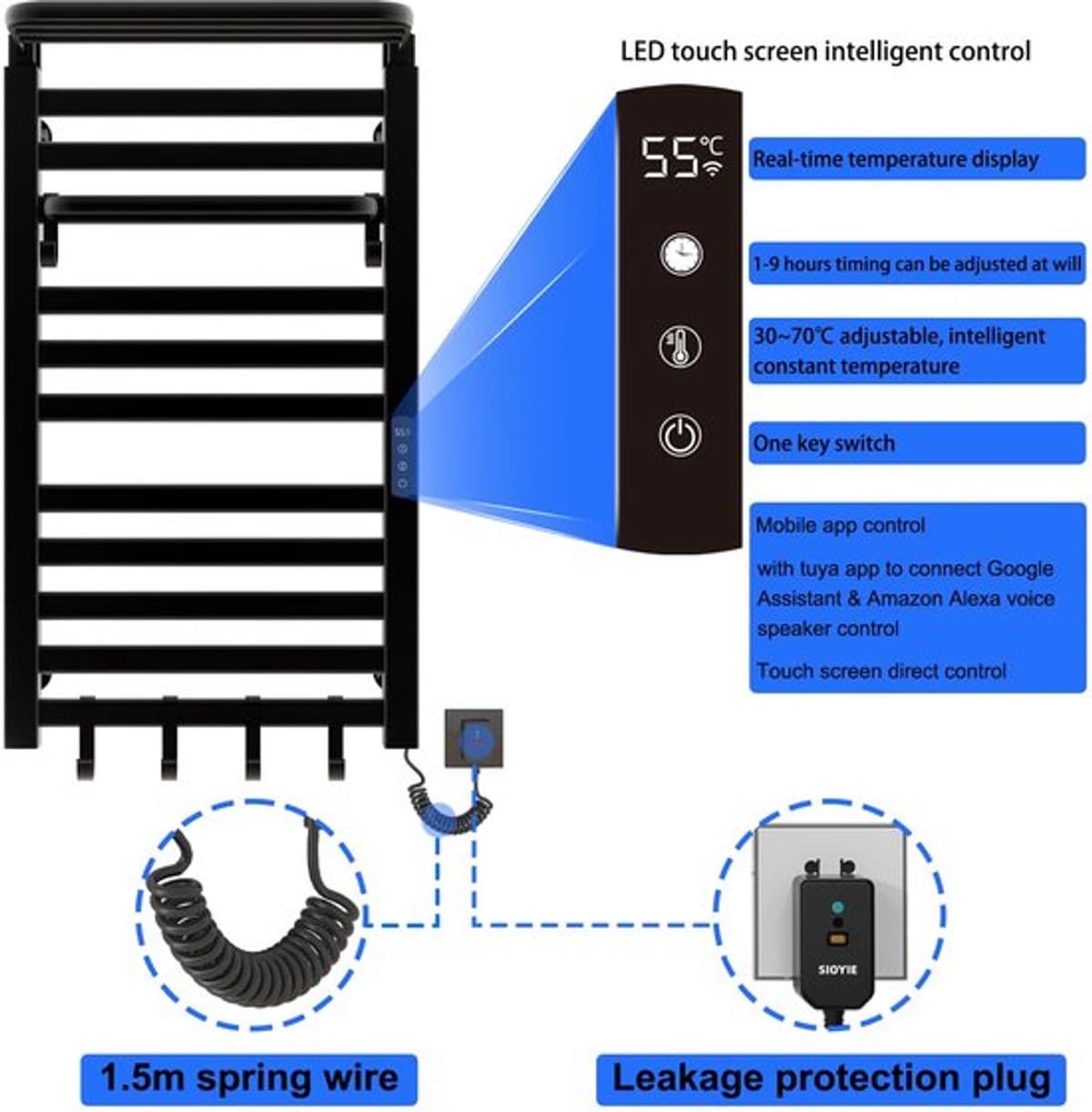 Verwarmd handdoekenrek, wifi slimme thermostaat handdoekverwarmer, voor Alexa en en APP, handdoekverwarmer,500x870mm,handdoekradiator,elektrische handdoekverwarmerradiator-WIFI Black Right — afbeelding 1