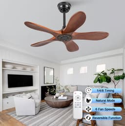 36 inch Plafondventilator zonder verlichting - 5 bladen massief hout - 6 snelheden - omkeerbaar - afstandsbediening - 20W - geluidsarm 25dB - walnoot zwart - 2 staven 5" en 10" — thumbnail 5