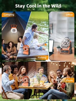 Campingventilator met 20000mAh accu, 4 windsnelheden, stille USB-ventilator met LED-verlichting, 270° draaibaar, oplaadbare tafelventilator, werkt op batterijen, geschikt voor reizen, picknicks en wandelen. — thumbnail 5