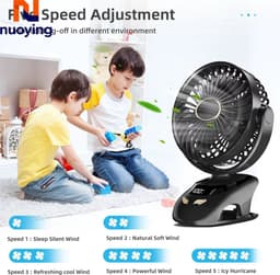 Kinderwagen Ventilator met Clip – USB Oplaadbaar 6000mAh – 5 Standen – Digitaal Display – 90° Kantelbaar – Bureauventilator – Zwart — thumbnail 2