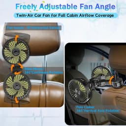 Dubbele Kop Autoventilator, Verstelbare 360 Graden Draaibaar 12 Volt Voertuig Stille Koelventilator, 3 Snelheden Achterbank Autoventilator voor Kinderen, Honden, Bestelwagen, SUV, Camper, Boot — thumbnail 4