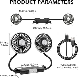 Elektrische autoventilator voor de achterbank - Draagbaar - Hoofdsteunmodel - 360° draaibaar - 12V - Dubbele ventilatorkoppen - USB-aansluiting — thumbnail 5