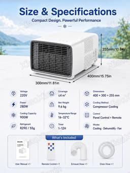Draagbare airco 2700 BTU stille mini airconditioner voor camper en camping met ontvochtigen 280W compacte koeling — thumbnail 3