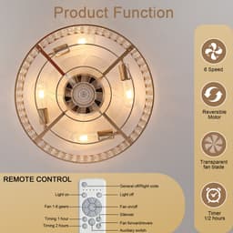 19 inch Inbouwventilatorlamp - Dubbele bediening via app en afstandsbediening - 6 snelheidsstanden - Omkeerbare luchtstroom - Gouden kristallen - ABS-bladen — thumbnail 5