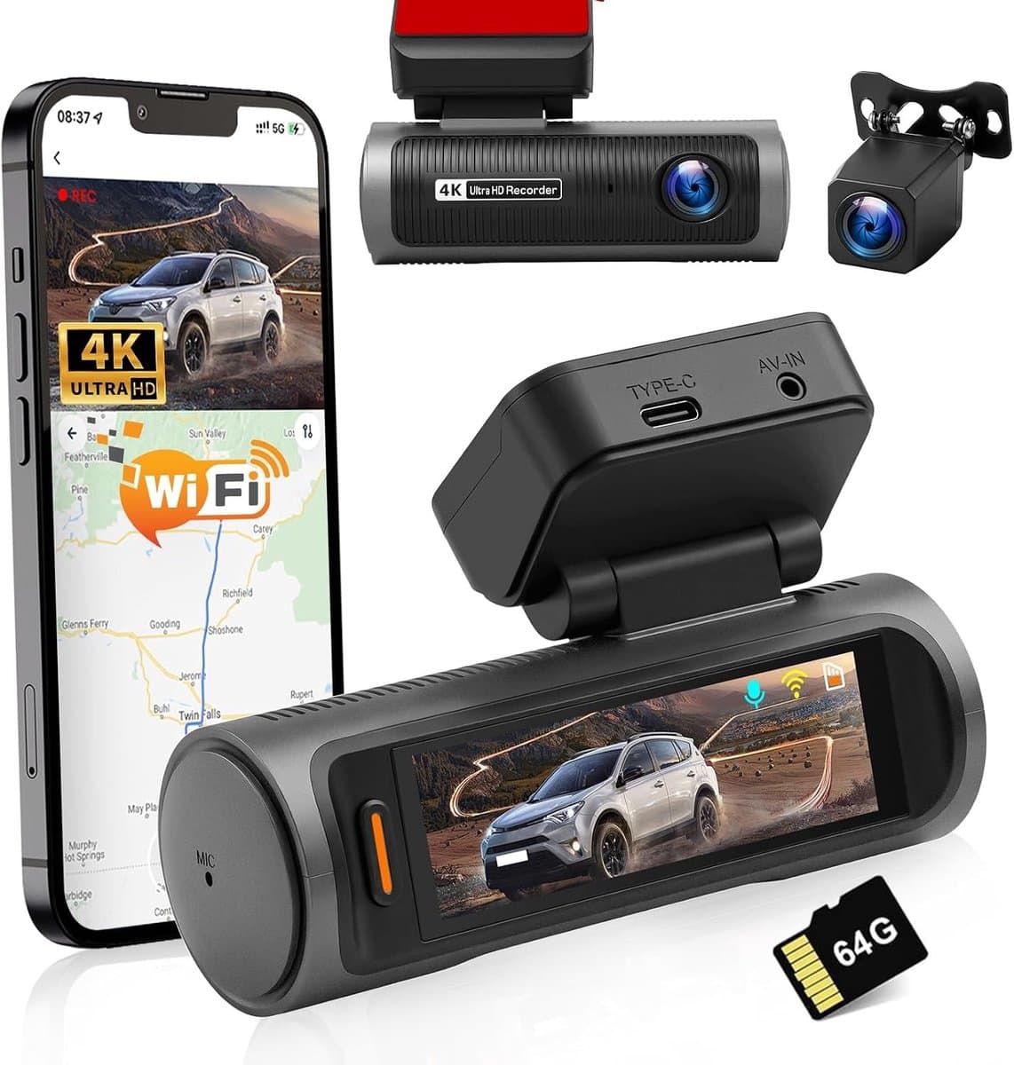 Dashcam voor auto - Zwart - 3,2 inch IPS-touchscreen - 4K Dual Camera met Wifi en G-sensor - Voor Autobeveiliging — afbeelding 1