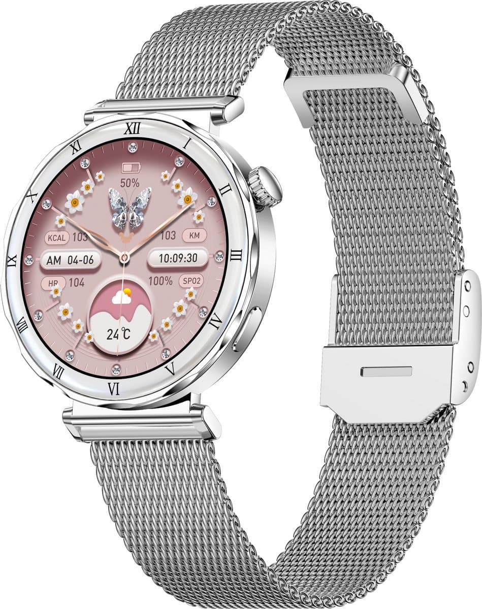 Knobbout Luxe 1.19" AMOLED Dames Smartwatch – 390 × 390 HD Display – Bluetooth Bellen – Hartslag , Bloeddruk- & Zuurstofmeting – Slaapmonitor – Ademhalingstraining – Menstruatiecyclus – AI-Spraakassistent – IP67 Waterdicht – Zilver Stalen Band — afbeelding 1