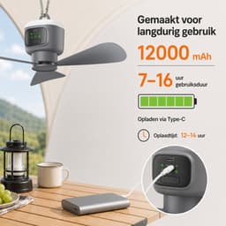 Lapamax Oplaadbare Hangventilator met Lamp - 12.000 mAh - 4 Snelheden - Afstandsbediening en Timer - Campingventilator voor Tent en Camper - Grijs - Ø 45 cm — thumbnail 2