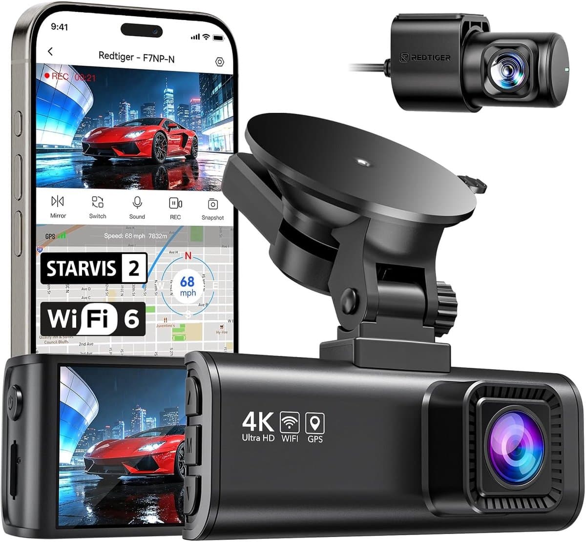 Dashcam voor Auto - Dual Camera - 4K Video en 1080P Achter - Met GPS en Nachtzicht - Voor Veiligheid op de Weg — afbeelding 1