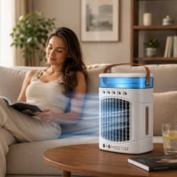 Mini Airco 4-in-1 – Draagbare Mobiele Luchtkoeler met Luchtbevochtiger – 5 Vernevelaars, 3 Nevelstanden, 2 Snelheden, Timer & LED – USB Bureauventilator Zonder Afvoerslang – Wit — thumbnail 5