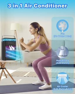 Draagbare aircooler, mini-luchtkoeler met 3 snelheden & 2 vernevelingsstanden, 120° oscillatie, verlichting in 7 kleuren & timer (2-4 uur), compacte koelventilator voor slaapkamer, kantoor, thuis en camping (zwart) — thumbnail 2