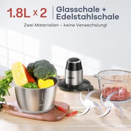 Elektrische Hakmolen met 2 Kommen – 2x 1,8L RVS en Glas – 2 Snelheden – Foodprocessor voor Vlees, Groenten en Noten — thumbnail 2