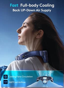 Nekventilator die koele lucht blaast, draagbare ventilator op batterijen, zonder bladen, oplaadbaar, 3 windsnelheden en 3 windstanden (blauw). — thumbnail 5