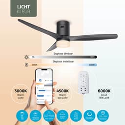 Varin® Smart Plafondventilator met verlichting - Ø 132cm - Zwart - LED CCT 18W - Super stil 20dB - 6 snelheden - Woonkamer - Slaapkamer - Tuya WiFi - App & Afstandsbediening — thumbnail 4