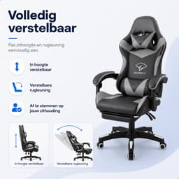 Boncy® Gaming Stoel - Comfortabele Gamestoel met Voetsteun - Game Chair Verstelbaar in Hoogte - 170° Verstelbare Rugleuning - Grijs / Zwart — thumbnail 3